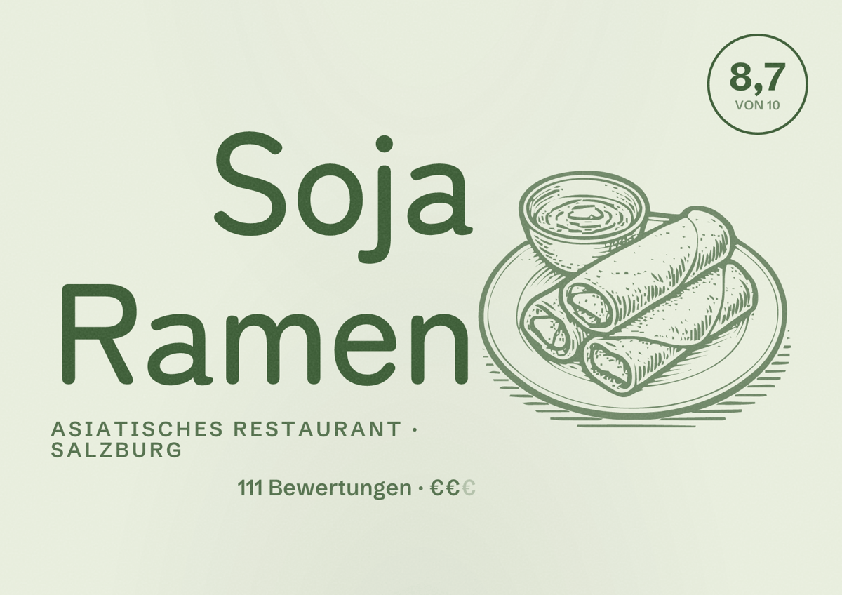 Illustriertes Poster von Soja Ramen, Asiatisches Restaurant in Salzburg: Bewertung 8,7 von 10 aus 111 Bewertungen, Preisniveau €€