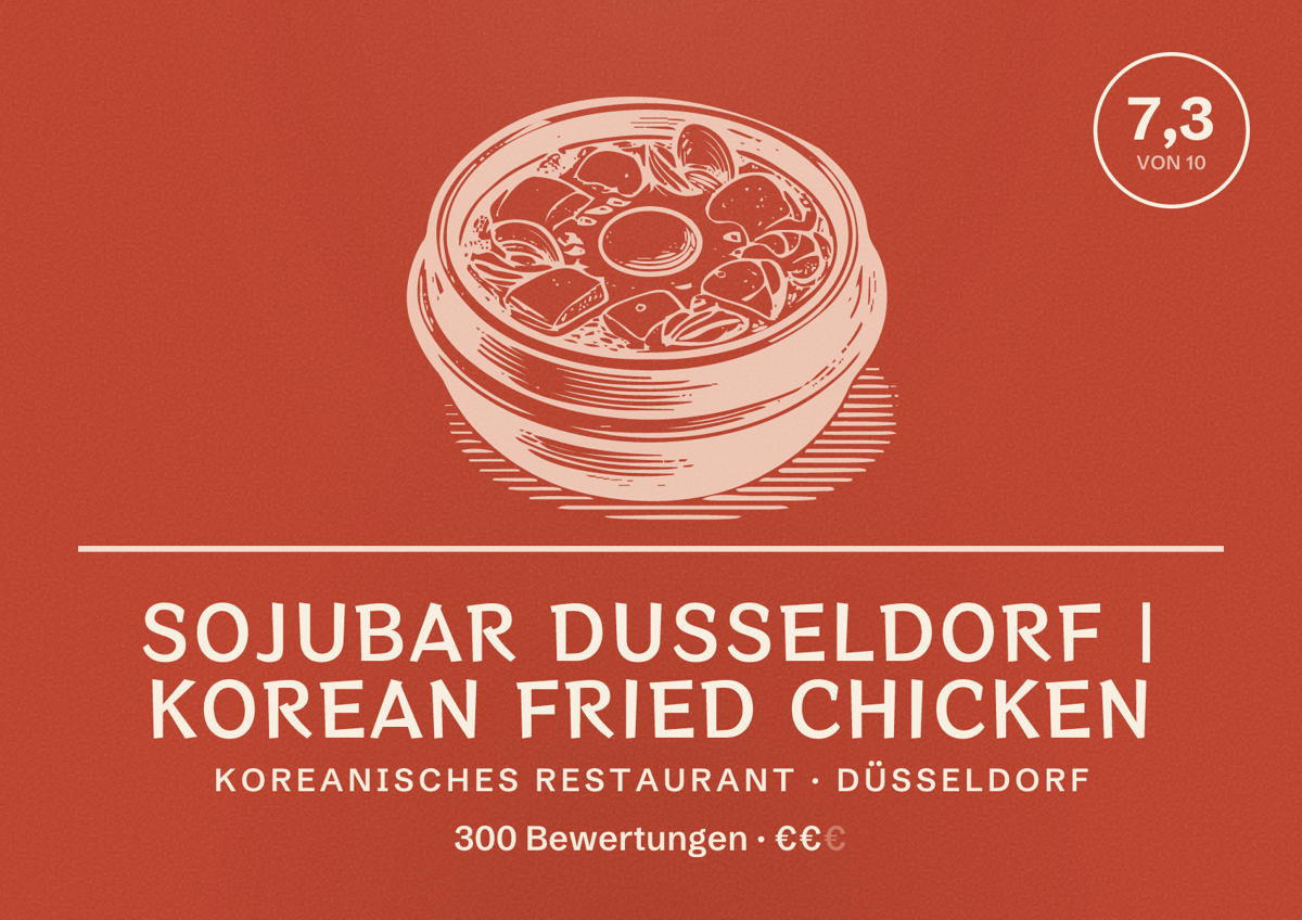 Illustriertes Poster von Sojubar Dusseldorf | Korean Fried Chicken, Koreanisches Restaurant in Düsseldorf: Bewertung 7,3 von 10 aus 300 Bewertungen, Preisniveau €€