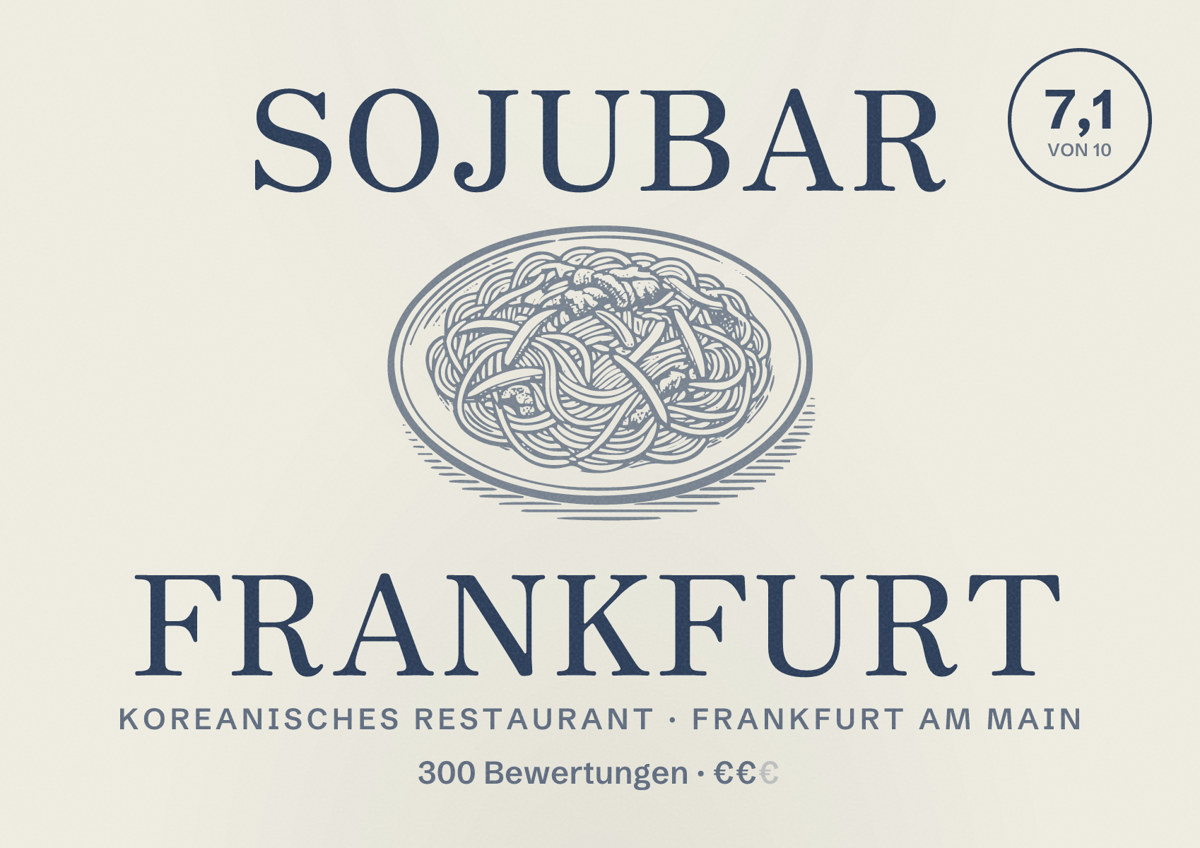 Illustriertes Poster von Sojubar Frankfurt, Koreanisches Restaurant in Frankfurt am Main: Bewertung 7,1 von 10 aus 300 Bewertungen, Preisniveau €€