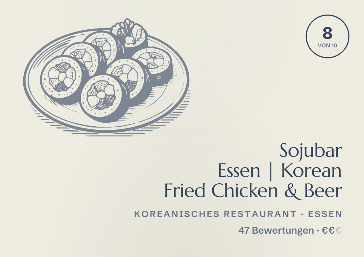 Illustriertes Poster von Sojubar Essen | Korean Fried Chicken & Beer, Koreanisches Restaurant in Essen: Bewertung 8 von 10 aus 47 Bewertungen, Preisniveau €€
