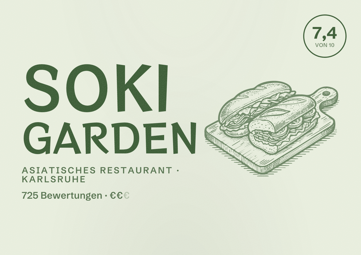 Illustriertes Poster von Soki Garden, Asiatisches Restaurant in Karlsruhe: Bewertung 7,4 von 10 aus 725 Bewertungen, Preisniveau €€