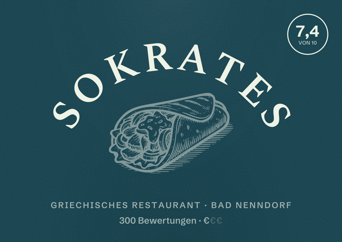 Illustriertes Poster von Sokrates, Griechisches Restaurant in Bad Nenndorf: Bewertung 7,4 von 10 aus 300 Bewertungen, Preisniveau €