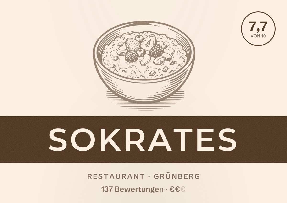 Illustriertes Poster von Sokrates, Restaurant in Grünberg: Bewertung 7,7 von 10 aus 137 Bewertungen, Preisniveau €€
