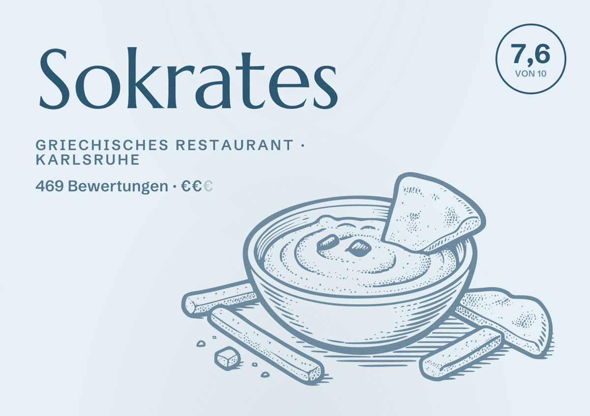 Illustriertes Poster von Sokrates, Griechisches Restaurant in Karlsruhe: Bewertung 7,6 von 10 aus 469 Bewertungen, Preisniveau €€