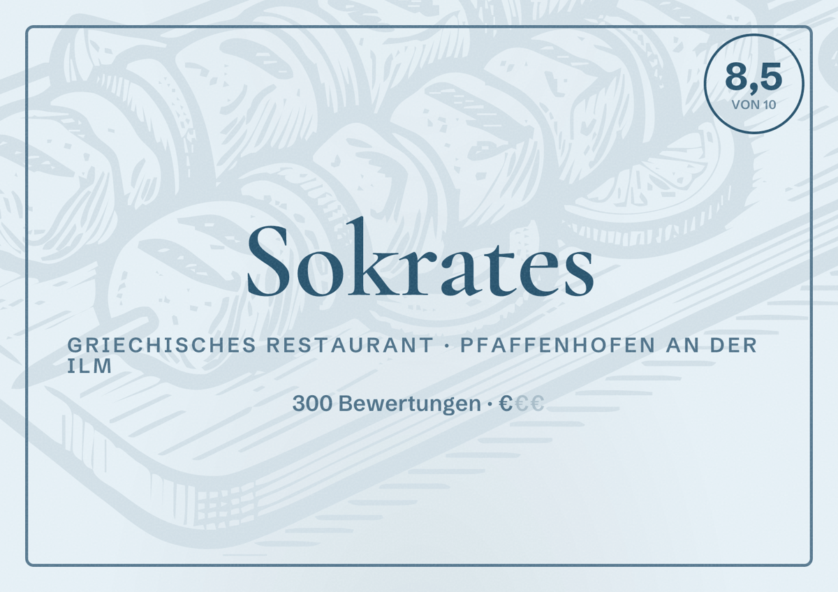 Illustriertes Poster von Sokrates, Griechisches Restaurant in Pfaffenhofen an der Ilm: Bewertung 8,5 von 10 aus 300 Bewertungen, Preisniveau €