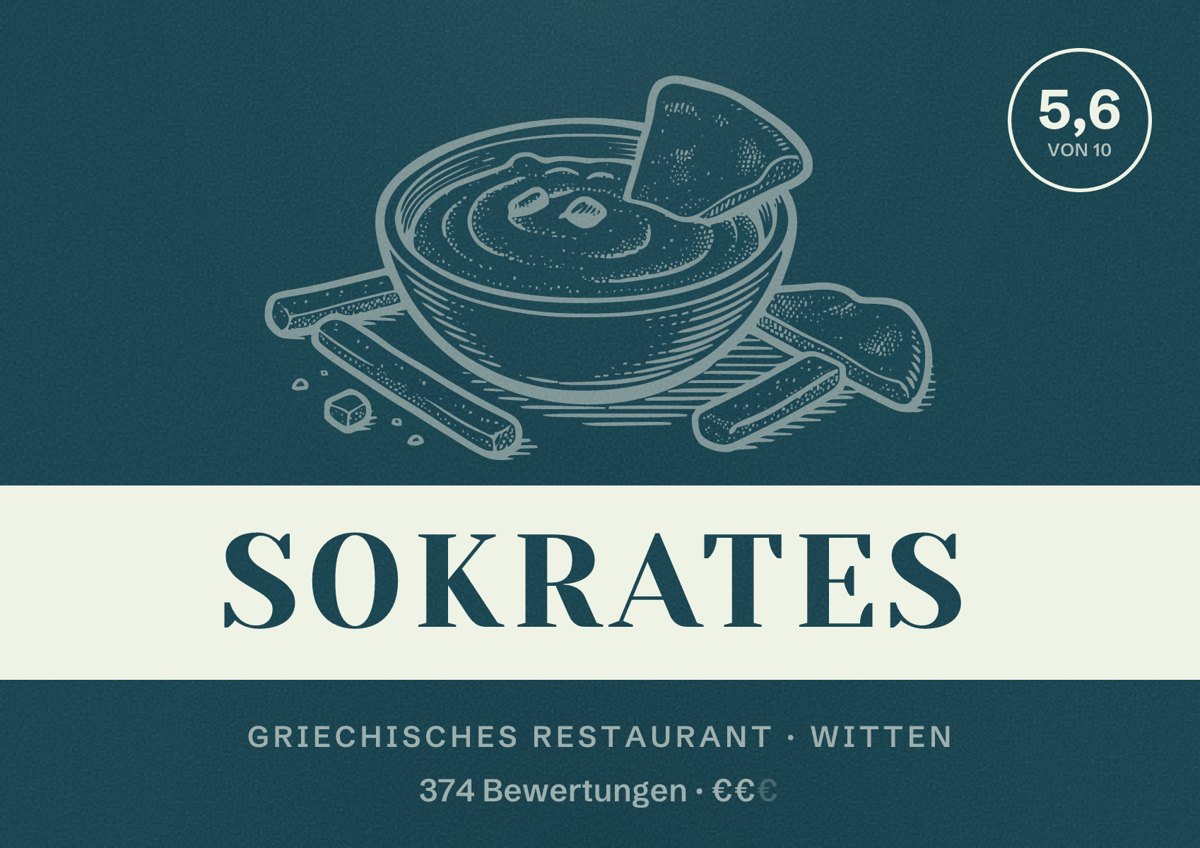 Illustriertes Poster von Sokrates, Griechisches Restaurant in Witten: Bewertung 5,6 von 10 aus 374 Bewertungen, Preisniveau €€