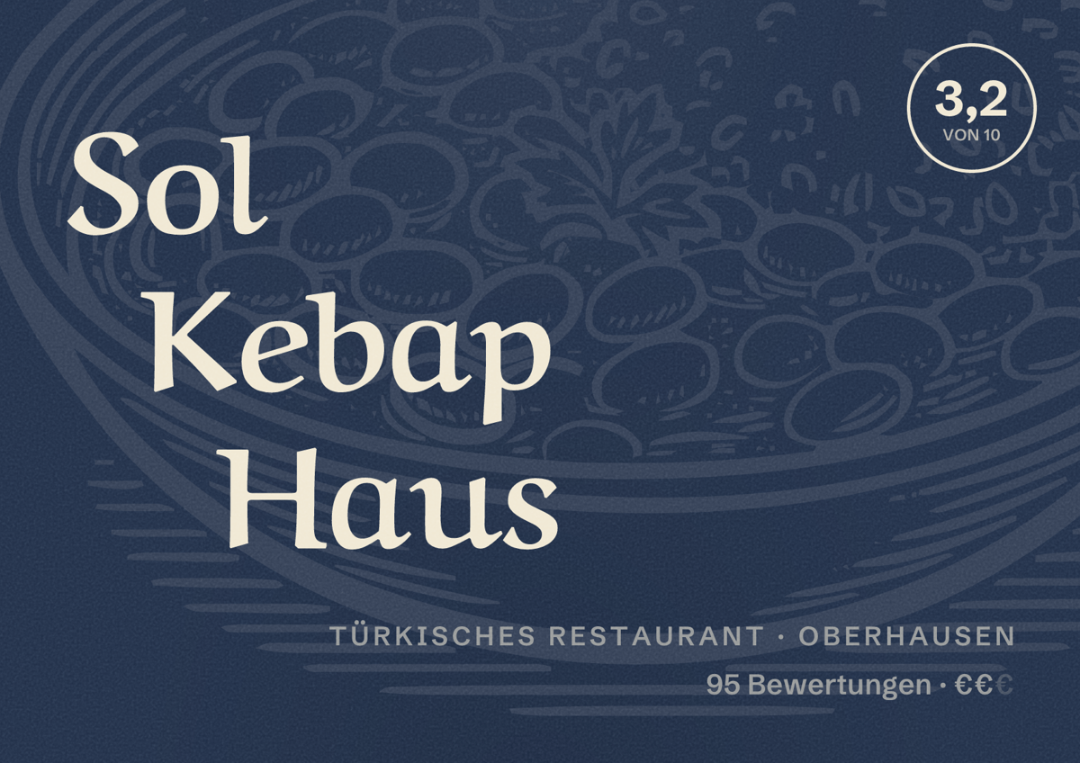 Illustriertes Poster von Sol Kebap Haus, Türkisches Restaurant in Oberhausen: Bewertung 3,2 von 10 aus 95 Bewertungen, Preisniveau €€