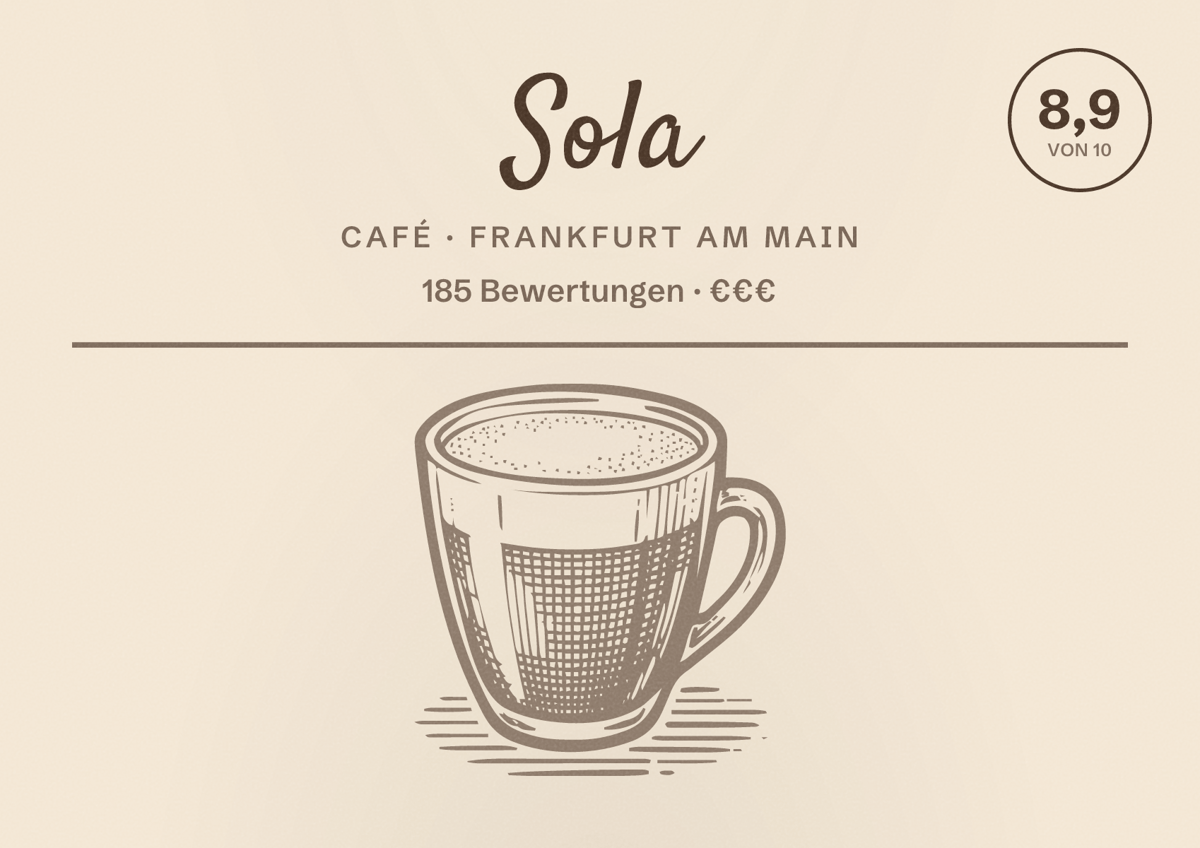 Illustriertes Poster von Sola, Café in Frankfurt am Main: Bewertung 8,9 von 10 aus 185 Bewertungen, Preisniveau €€€