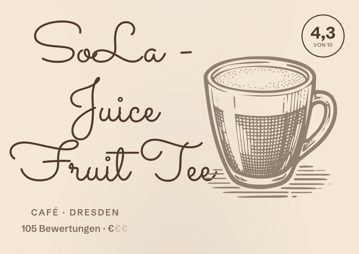 Illustriertes Poster von SoLa - Juice Fruit Tee, Café in Dresden: Bewertung 4,3 von 10 aus 105 Bewertungen, Preisniveau €