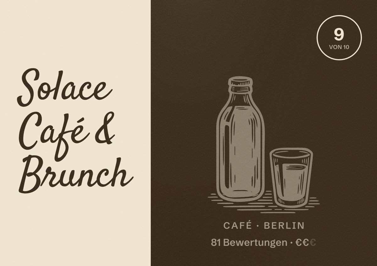 Illustriertes Poster von Solace Café & Brunch, Café in Berlin: Bewertung 9,0 von 10 aus 81 Bewertungen, Preisniveau €€