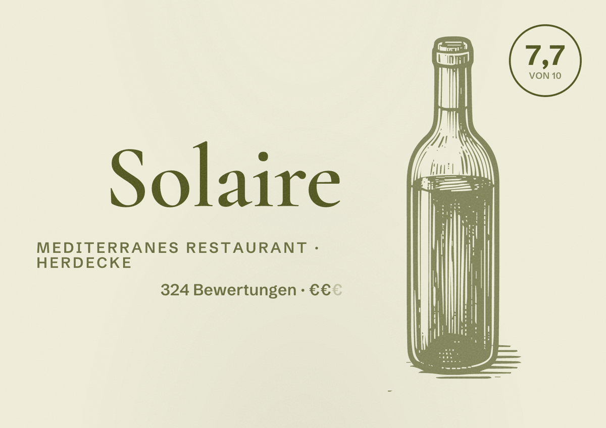 Illustriertes Poster von Solaire, Mediterranes Restaurant in Herdecke: Gästebewertung 7,7 von 10 aus 324 Bewertungen