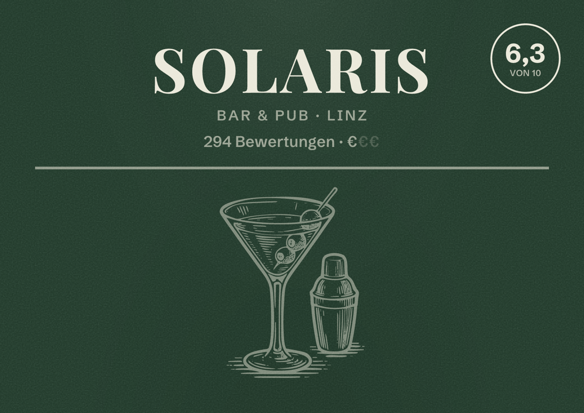 Illustriertes Poster von Solaris, Bar & Pub in Linz: Bewertung 6,3 von 10 aus 294 Bewertungen, Preisniveau €
