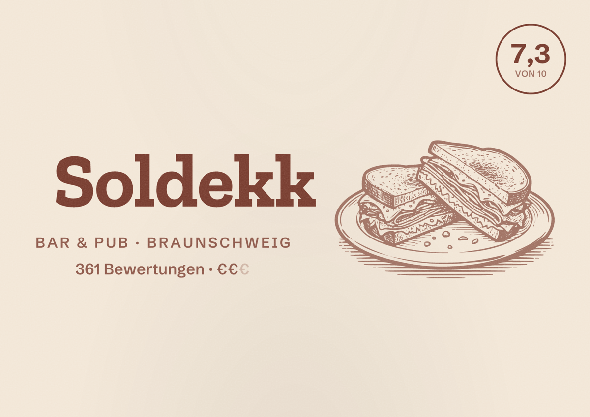 Illustriertes Poster von Soldekk, Bar & Pub in Braunschweig: Bewertung 7,3 von 10 aus 361 Bewertungen, Preisniveau €€