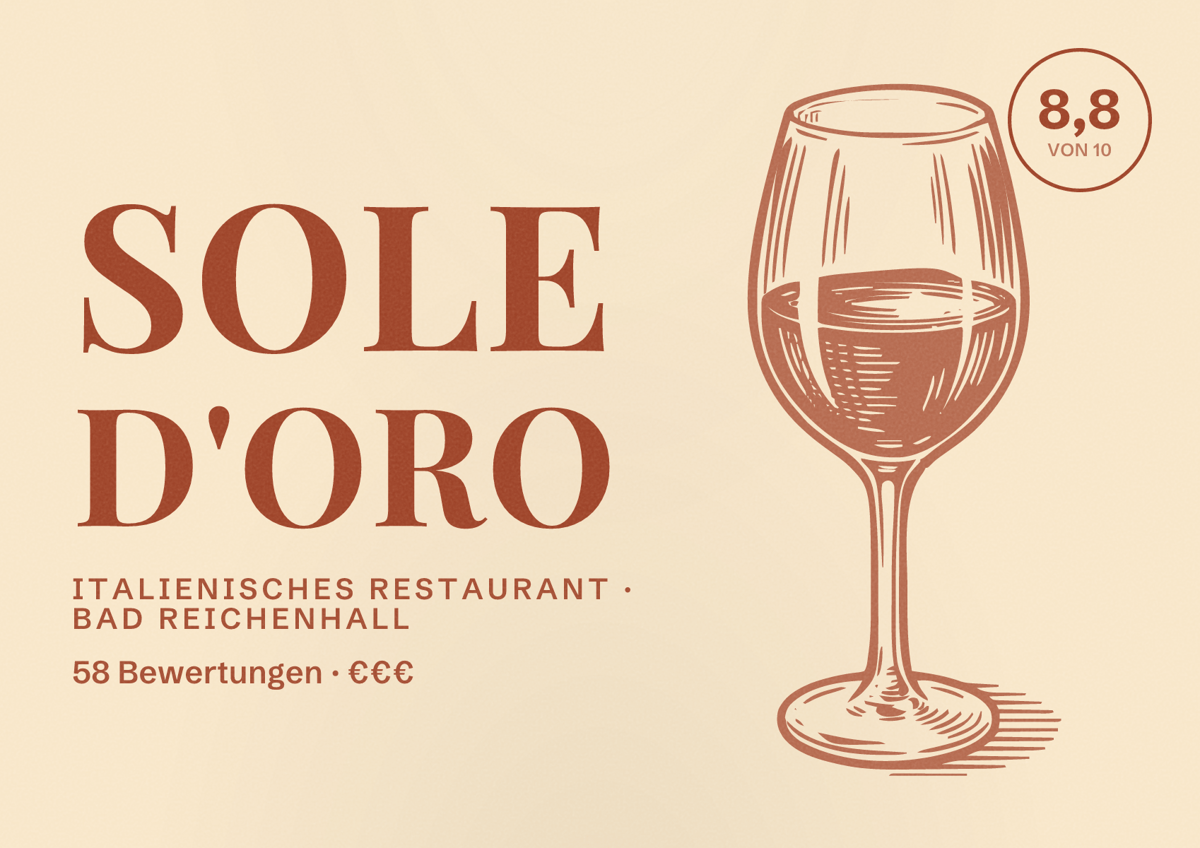 Illustriertes Poster von Sole D'oro, Italienisches Restaurant in Bad Reichenhall: Bewertung 8,8 von 10 aus 58 Bewertungen, Preisniveau €€€