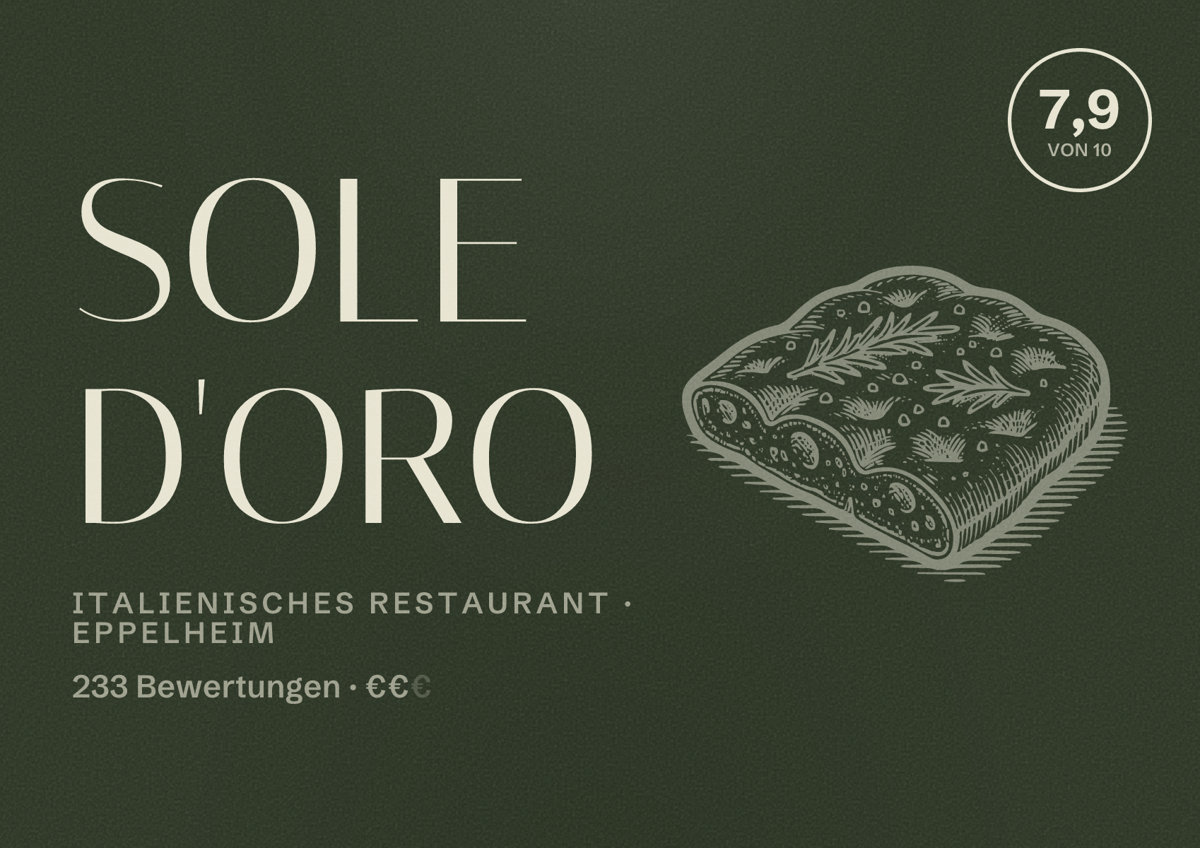 Illustriertes Poster von Sole d'Oro, Italienisches Restaurant in Eppelheim: Bewertung 7,9 von 10 aus 233 Bewertungen, Preisniveau €€