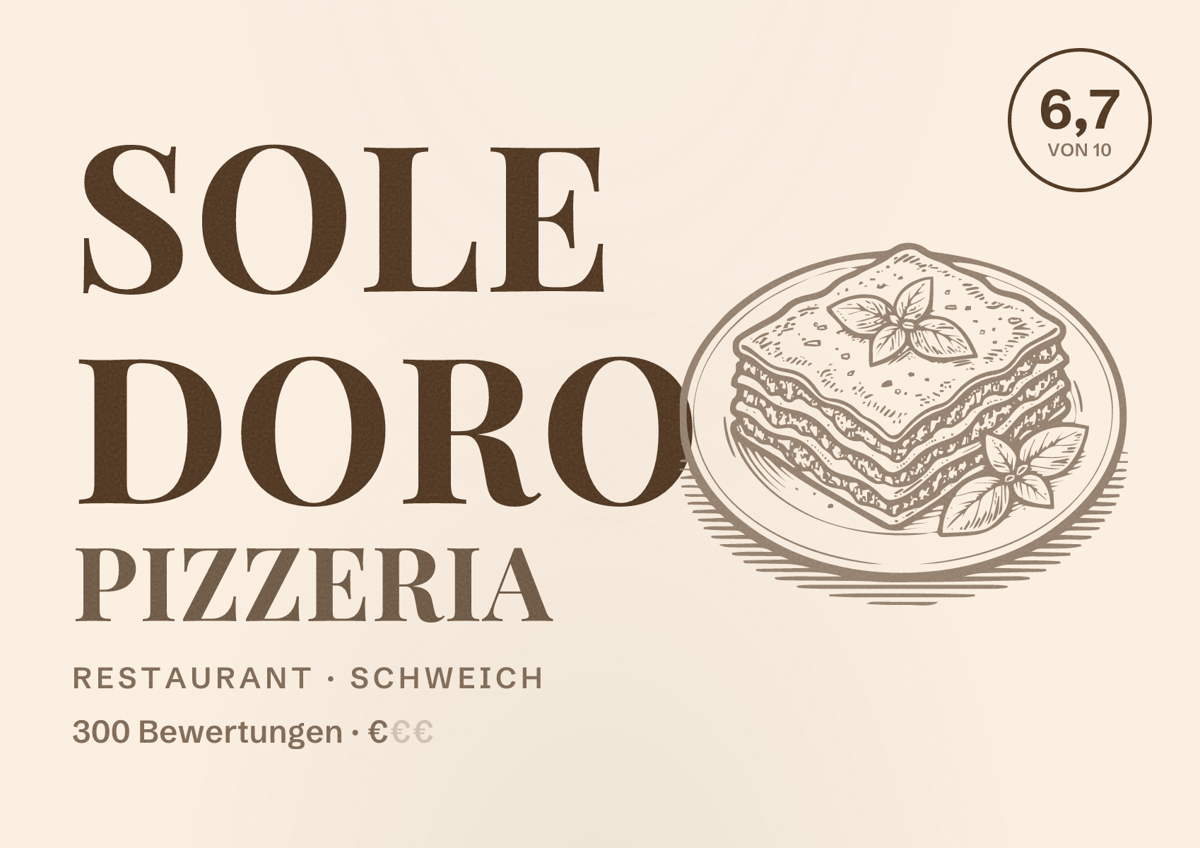 Illustriertes Poster von Sole Doro Pizzeria, Restaurant in Schweich: Bewertung 6,7 von 10 aus 300 Bewertungen, Preisniveau €