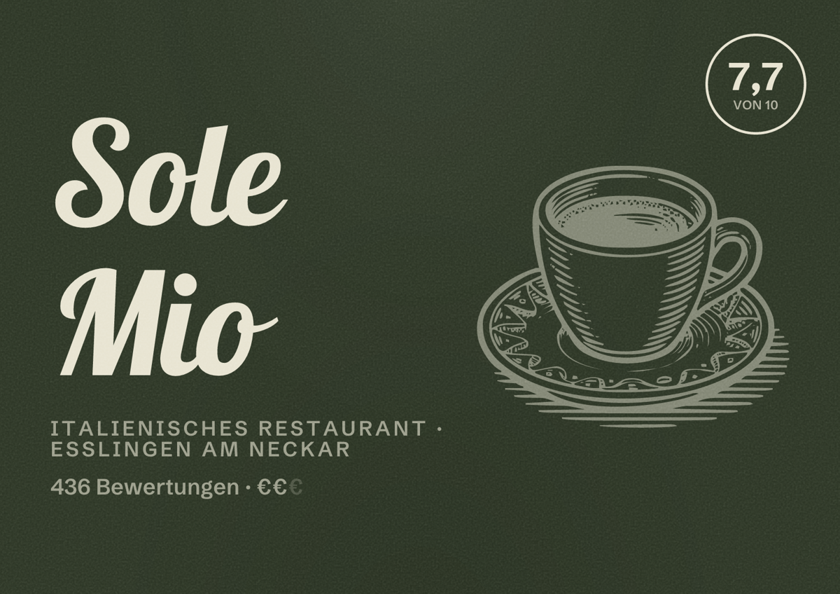 Illustriertes Poster von Sole Mio, Italienisches Restaurant in Esslingen am Neckar: Gästebewertung 7,7 von 10 aus 436 Bewertungen