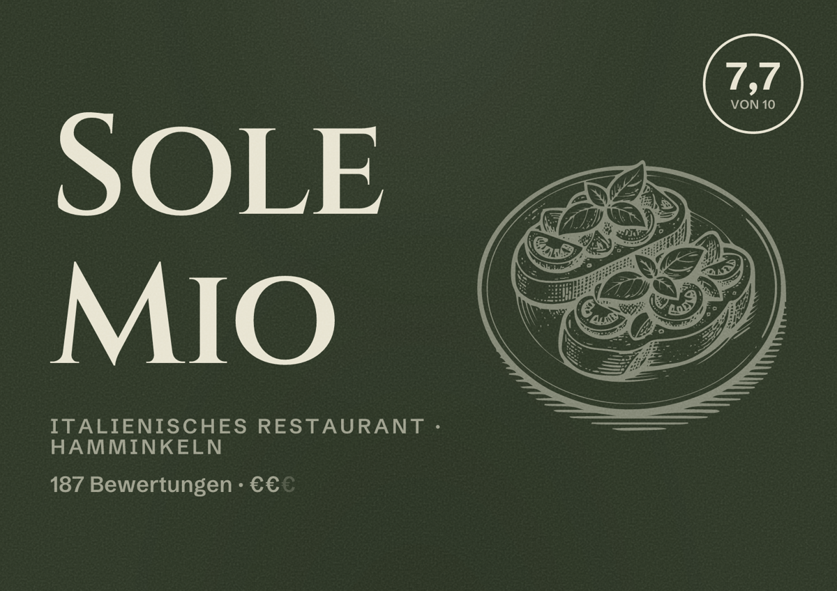 Illustriertes Poster von Sole Mio, Italienisches Restaurant in Hamminkeln: Bewertung 7,7 von 10 aus 187 Bewertungen, Preisniveau €€