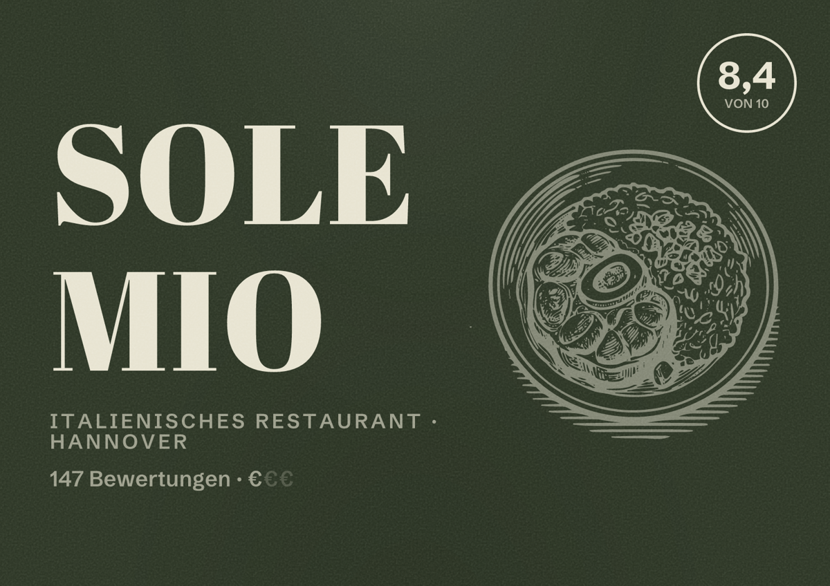 Illustriertes Poster von Sole Mio, Italienisches Restaurant in Hannover: Bewertung 8,4 von 10 aus 147 Bewertungen, Preisniveau €