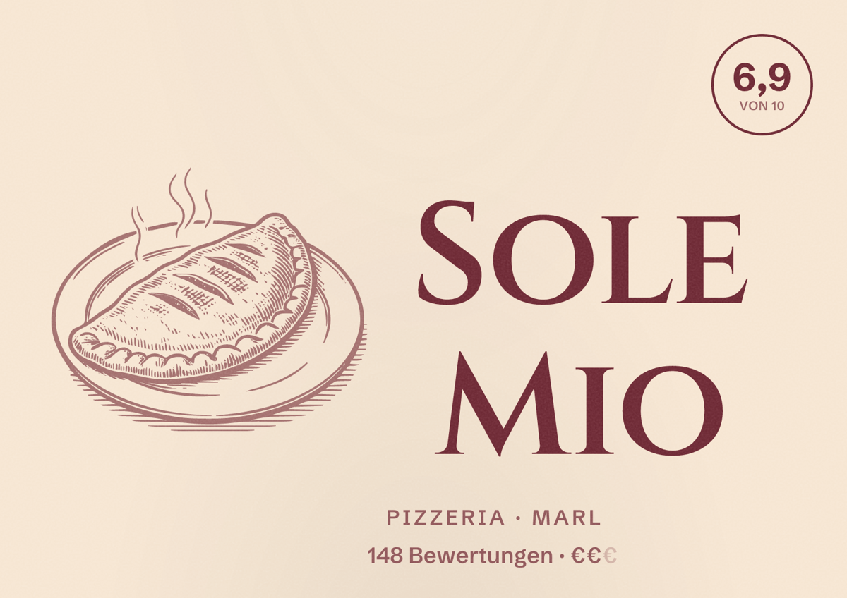 Illustriertes Poster von Sole Mio, Pizzeria in Marl: Bewertung 6,9 von 10 aus 148 Bewertungen, Preisniveau €€