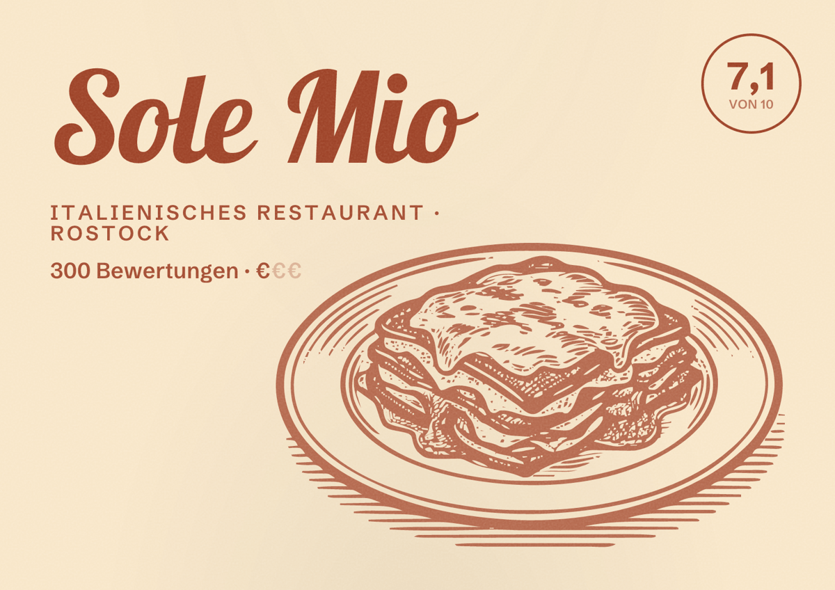 Illustriertes Poster von Sole Mio, Italienisches Restaurant in Rostock: Bewertung 7,1 von 10 aus 300 Bewertungen, Preisniveau €