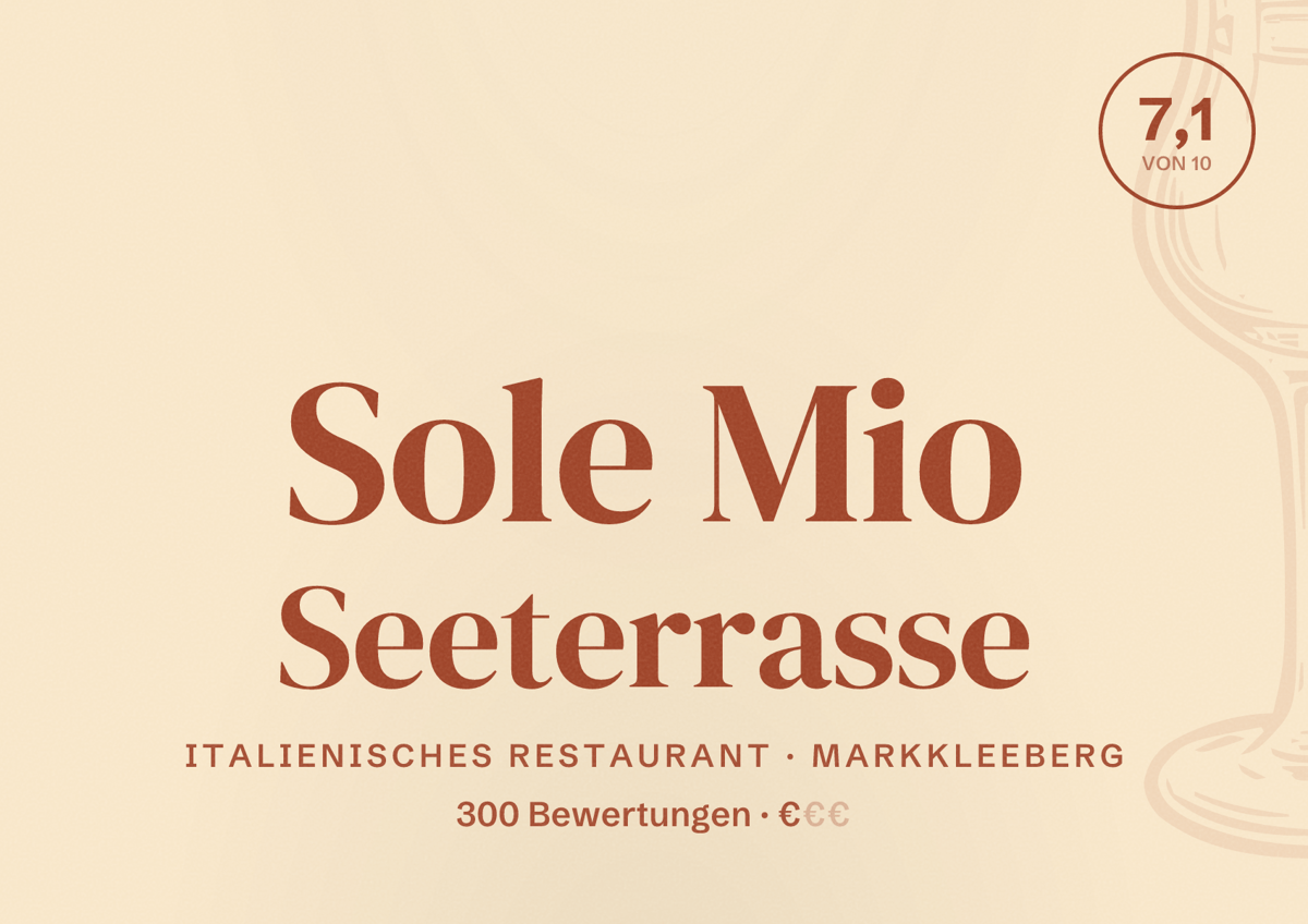 Illustriertes Poster von Sole Mio Seeterrasse, Italienisches Restaurant in Markkleeberg: Bewertung 7,1 von 10 aus 300 Bewertungen, Preisniveau €