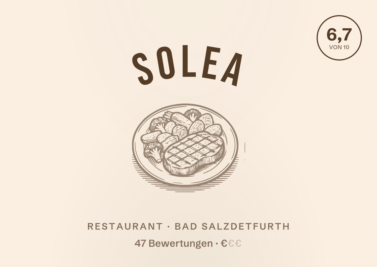 Illustriertes Poster von Solea, Restaurant in Bad Salzdetfurth: Bewertung 6,7 von 10 aus 47 Bewertungen, Preisniveau €