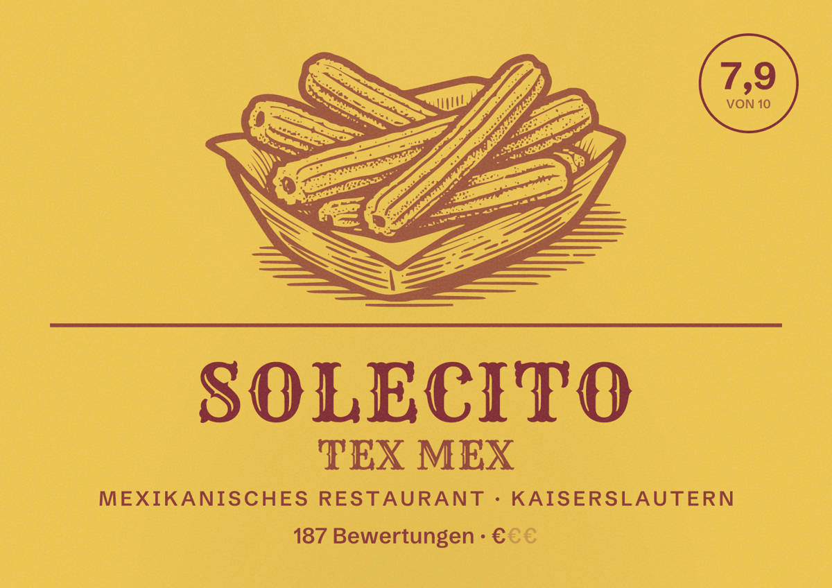 Illustriertes Poster von Solecito Tex Mex, Mexikanisches Restaurant in Kaiserslautern: Bewertung 7,9 von 10 aus 187 Bewertungen, Preisniveau €