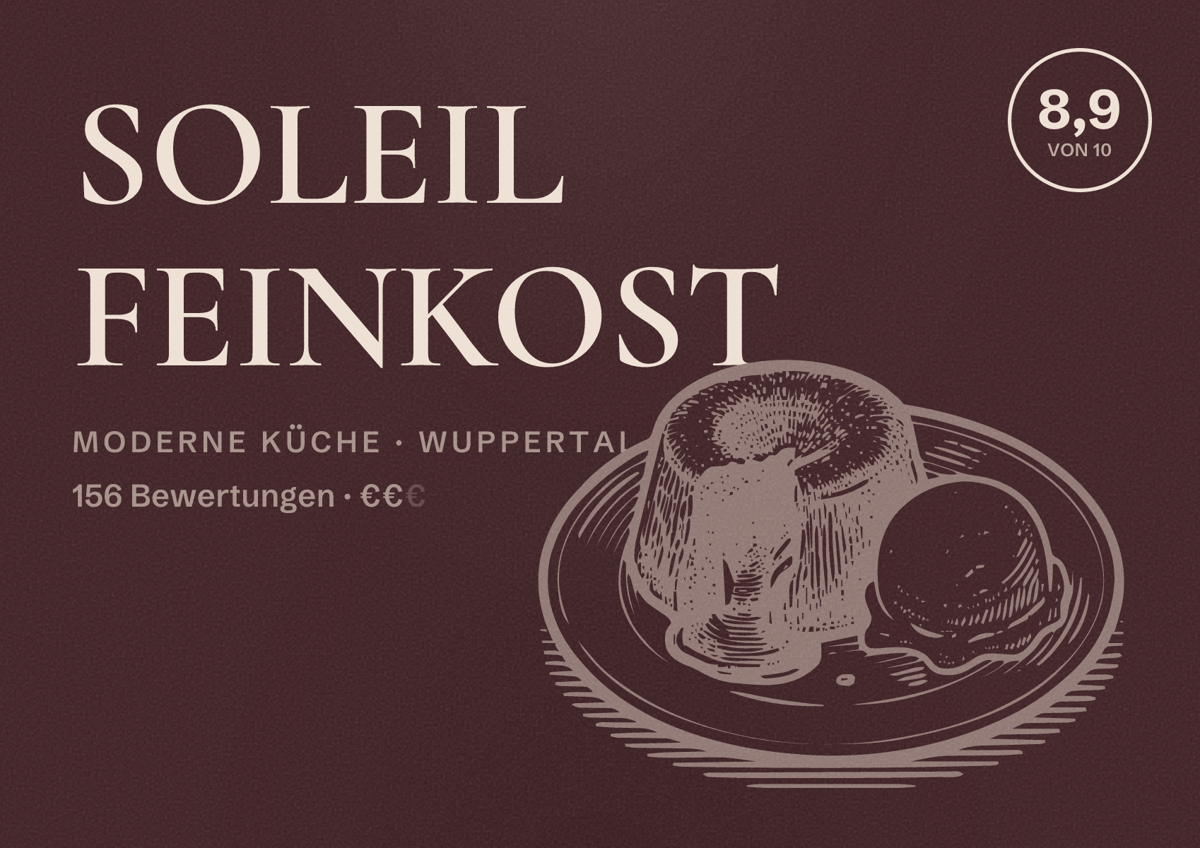 Illustriertes Poster von SOLEIL FEINKOST, Moderne Küche in Wuppertal: Bewertung 8,9 von 10 aus 156 Bewertungen, Preisniveau €€