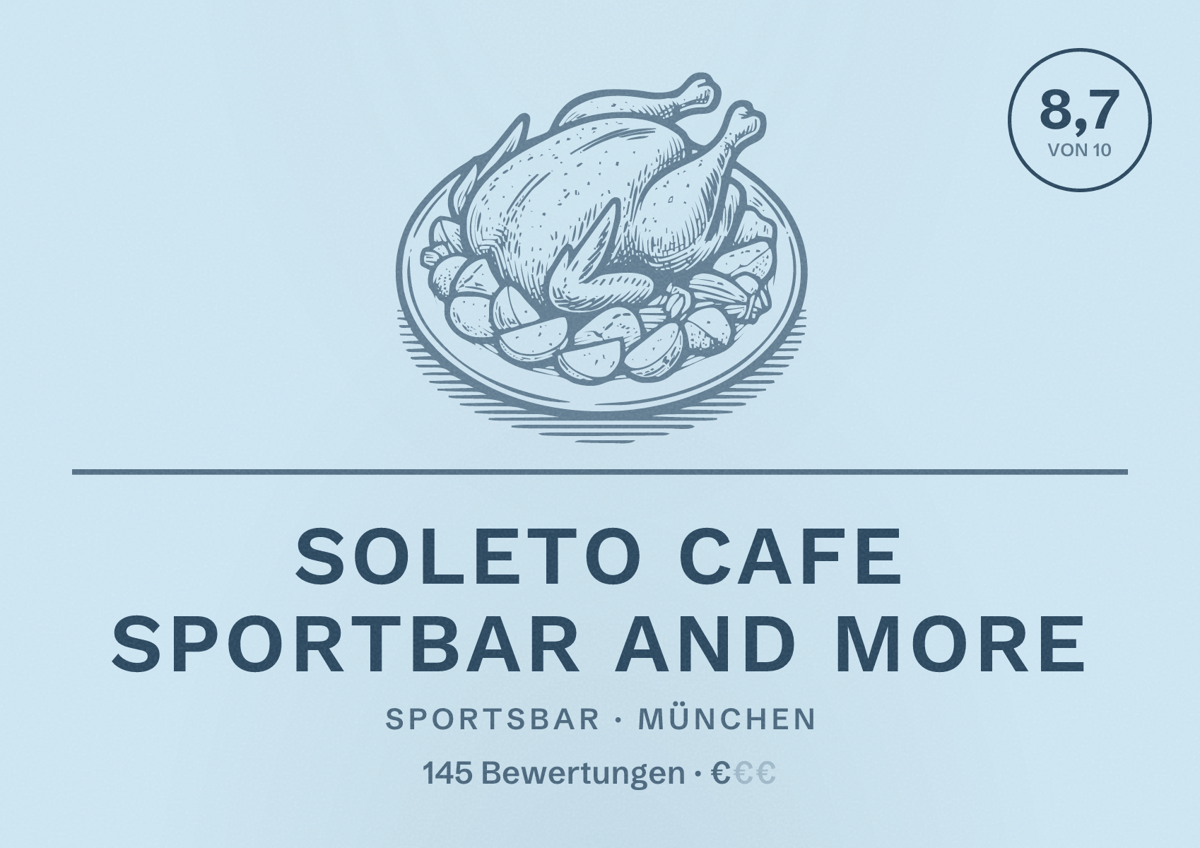 Illustriertes Poster von Soleto Cafe Sportbar and more, Sportsbar in München: Bewertung 8,7 von 10 aus 145 Bewertungen, Preisniveau €