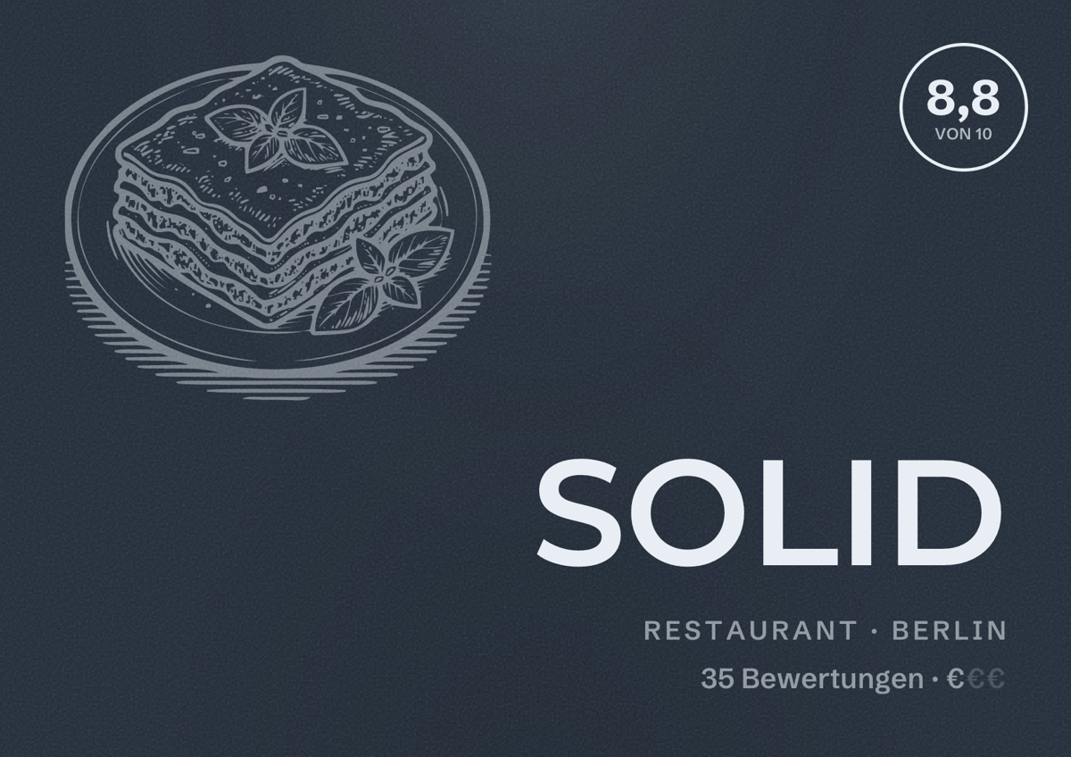 Illustriertes Poster von SOLID, Restaurant in Berlin: Bewertung 8,8 von 10 aus 35 Bewertungen, Preisniveau €