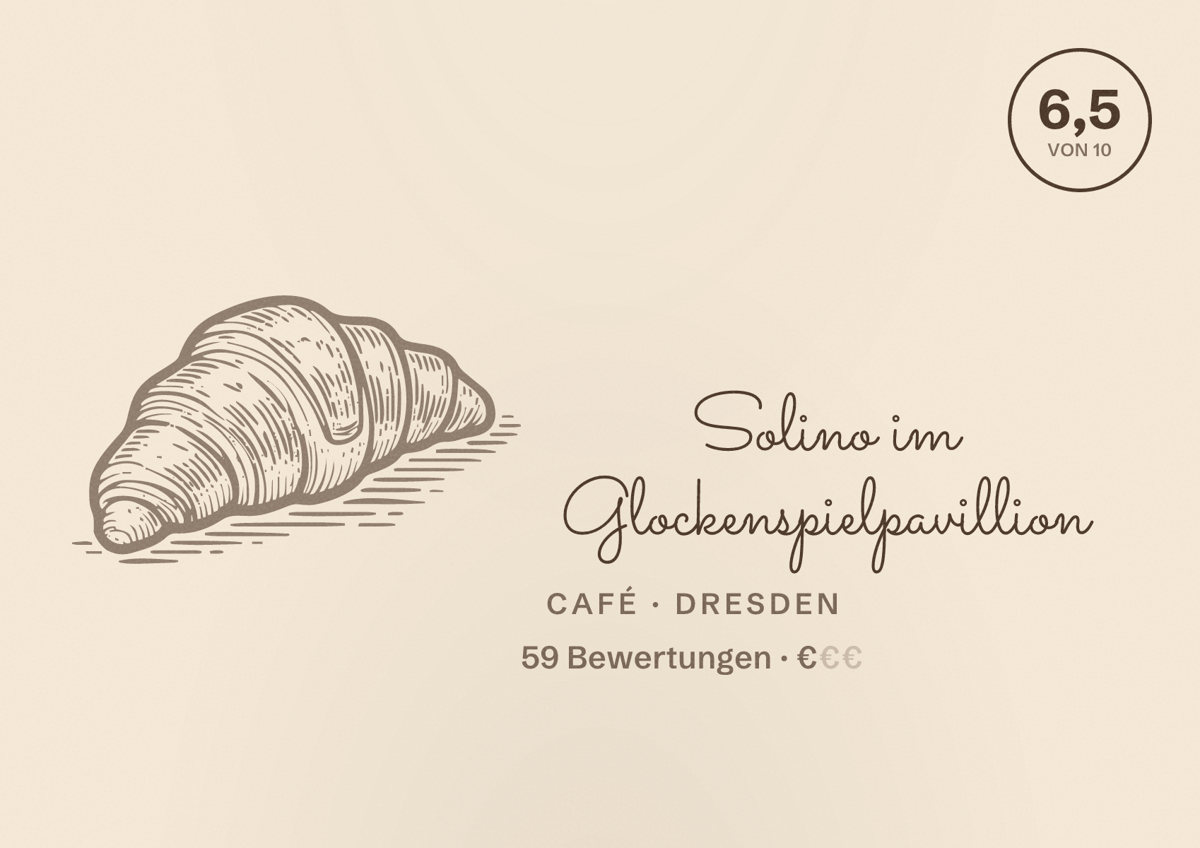 Illustriertes Poster von Solino im Glockenspielpavillion, Café in Dresden: Bewertung 6,5 von 10 aus 59 Bewertungen, Preisniveau €