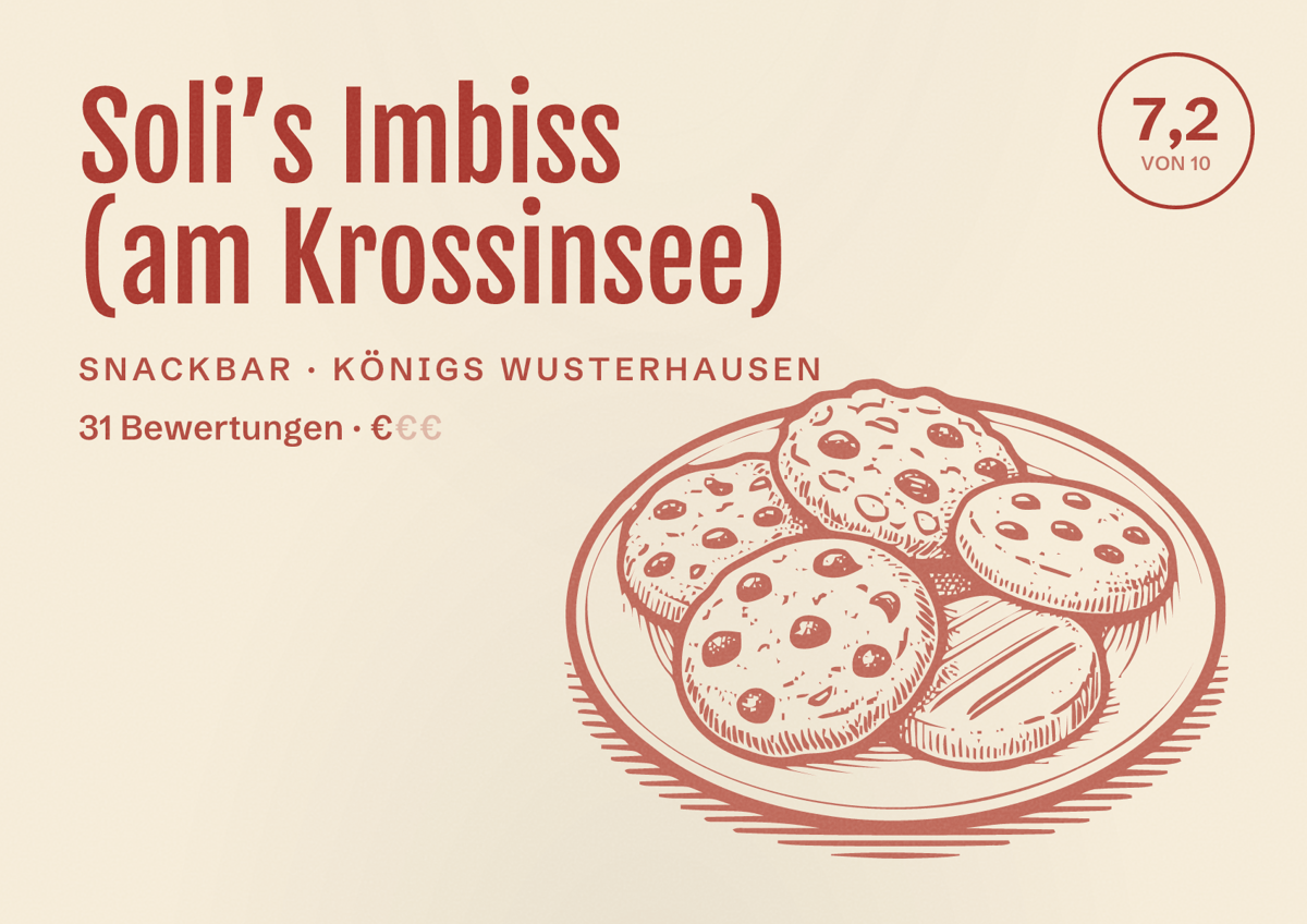 Illustriertes Poster von Soli’s Imbiss (am Krossinsee), Snackbar in Königs Wusterhausen: Bewertung 7,2 von 10 aus 31 Bewertungen, Preisniveau €