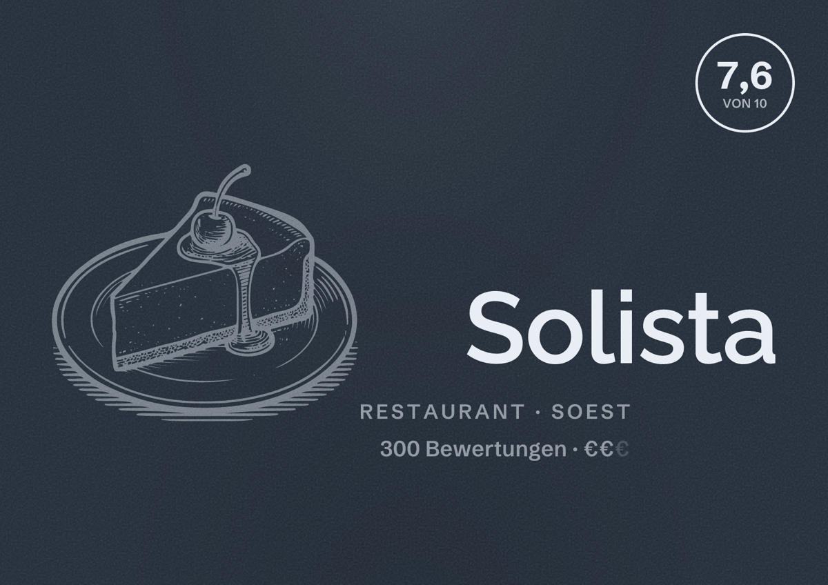 Illustriertes Poster von Solista, Restaurant in Soest: Bewertung 7,6 von 10 aus 300 Bewertungen, Preisniveau €€