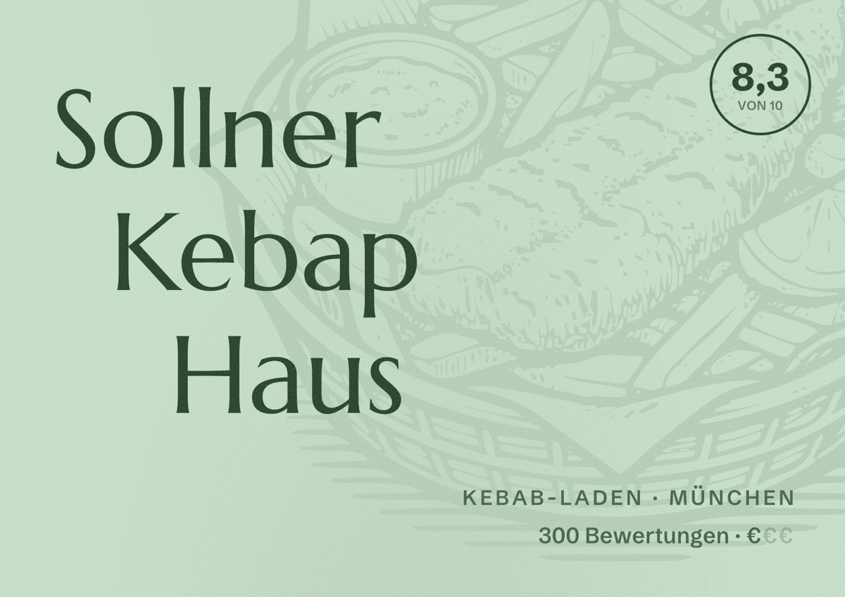 Illustriertes Poster von Sollner Kebap Haus, Kebab-Laden in München: Bewertung 8,3 von 10 aus 300 Bewertungen, Preisniveau €