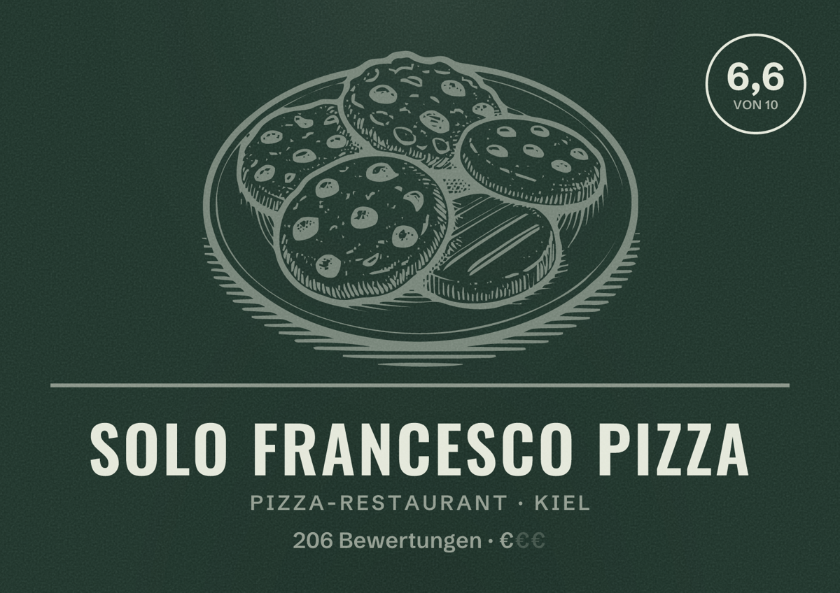 Illustriertes Poster von Solo Francesco Pizza, Pizza-Restaurant in Kiel: Bewertung 6,6 von 10 aus 206 Bewertungen, Preisniveau €