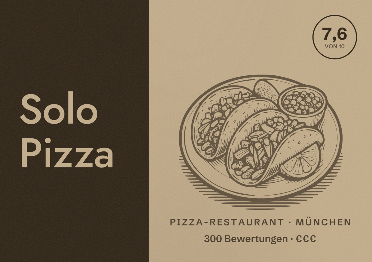 Illustriertes Poster von Solo Pizza, Pizza-Restaurant in München: Bewertung 7,6 von 10 aus 300 Bewertungen, Preisniveau €€€