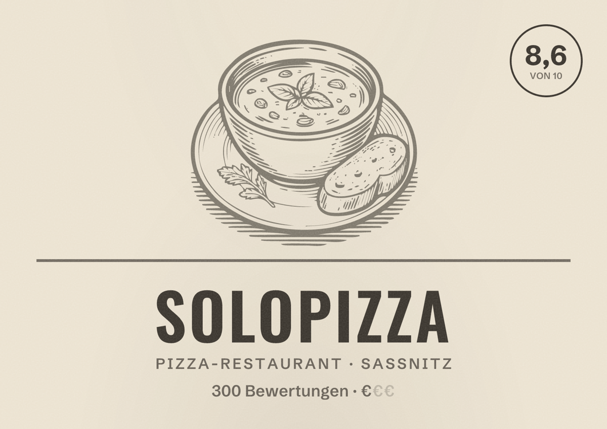 Illustriertes Poster von SoloPizza, Pizza-Restaurant in Sassnitz: Bewertung 8,6 von 10 aus 300 Bewertungen, Preisniveau €