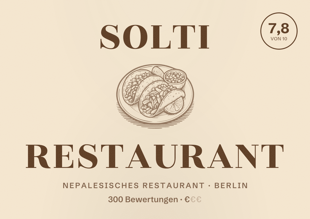 Illustriertes Poster von Solti Restaurant, Nepalesisches Restaurant in Berlin: Bewertung 7,8 von 10 aus 300 Bewertungen, Preisniveau €