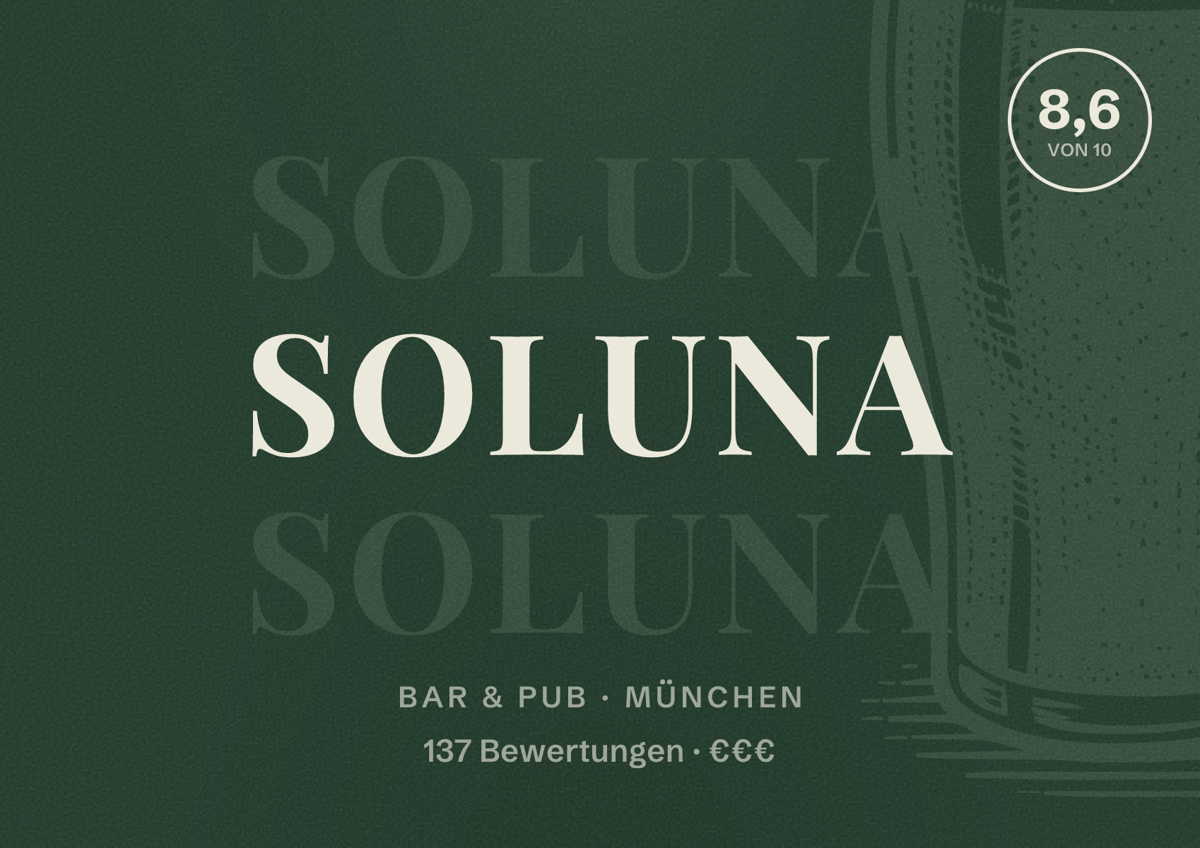 Illustriertes Poster von Soluna, Bar & Pub in München: Bewertung 8,6 von 10 aus 137 Bewertungen, Preisniveau €€€