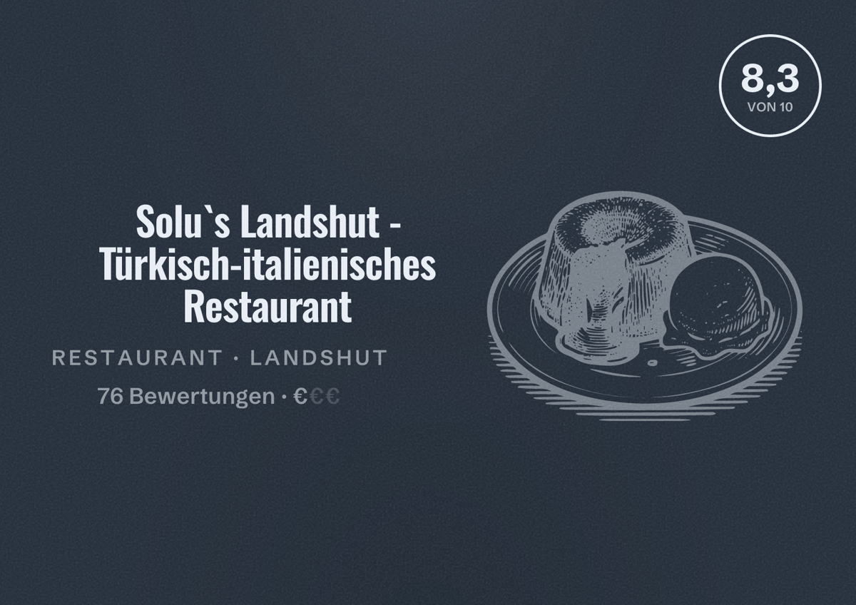 Illustriertes Poster von Solu`s Landshut - Türkisch-italienisches Restaurant, Restaurant in Landshut: Bewertung 8,3 von 10 aus 76 Bewertungen, Preisniveau €