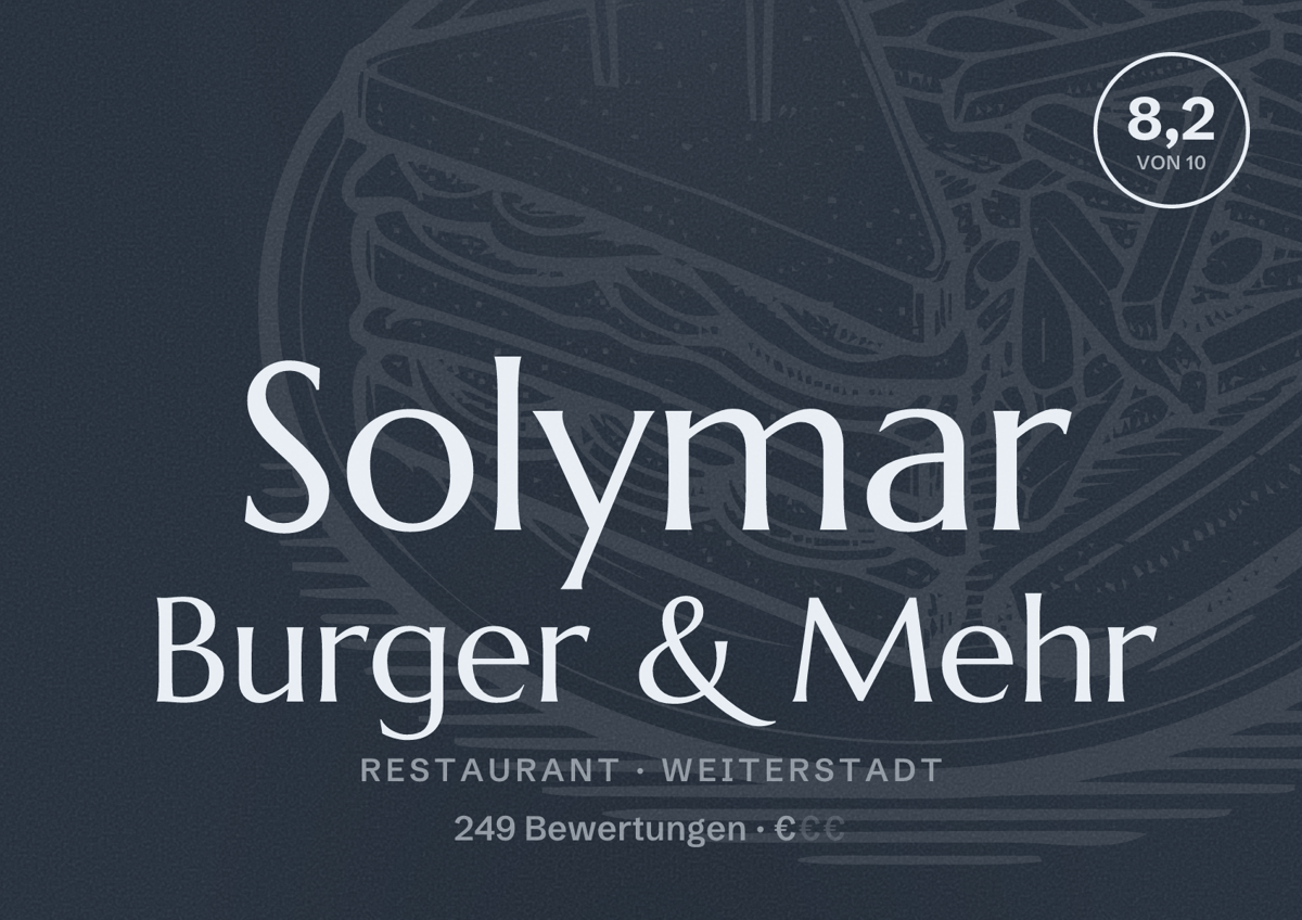 Illustriertes Poster von Solymar Burger & Mehr, Restaurant in Weiterstadt: Bewertung 8,2 von 10 aus 249 Bewertungen, Preisniveau €
