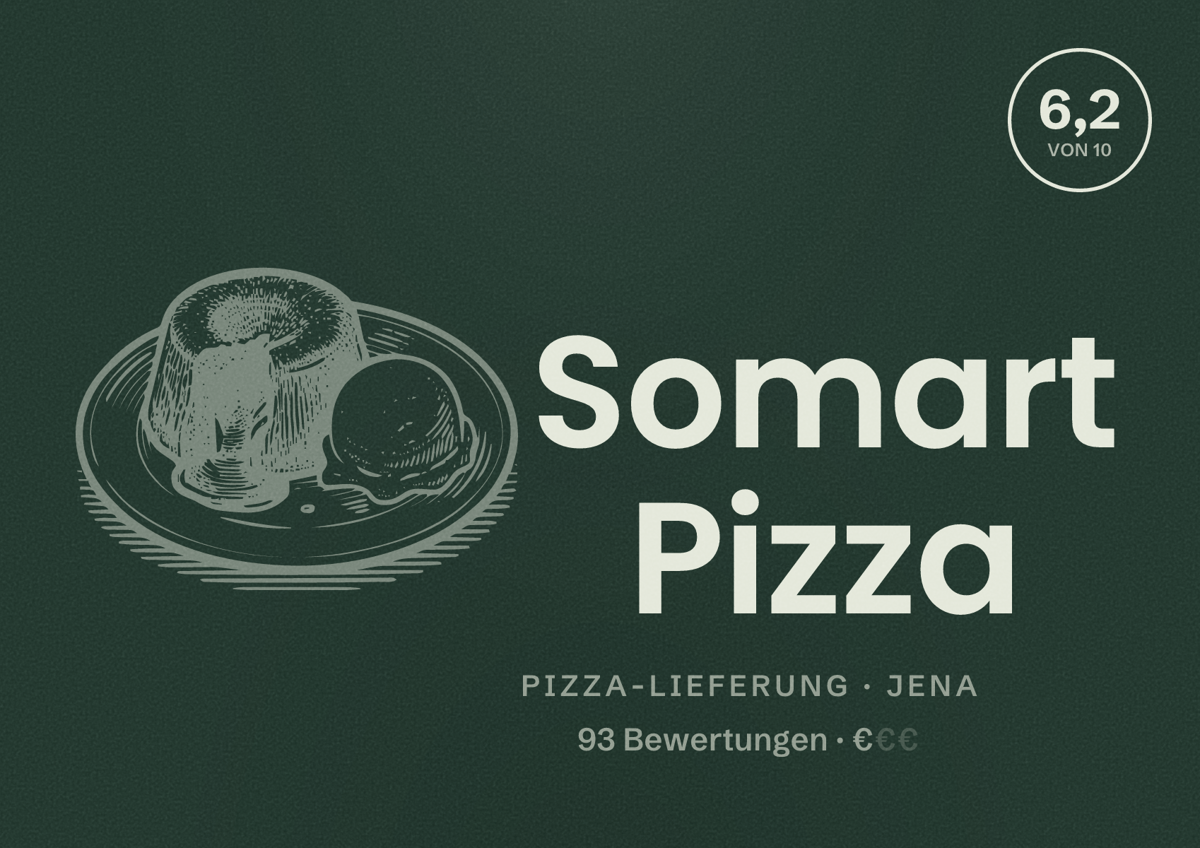 Illustriertes Poster von Somart Pizza, Pizza-Lieferung in Jena: Bewertung 6,2 von 10 aus 93 Bewertungen, Preisniveau €