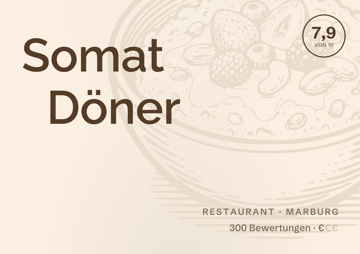 Illustriertes Poster von Somat Döner, Restaurant in Marburg: Bewertung 7,9 von 10 aus 300 Bewertungen, Preisniveau €