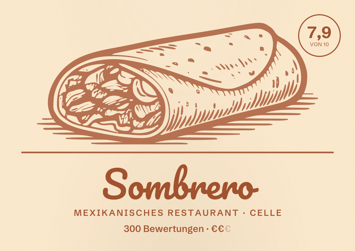 Illustriertes Poster von Sombrero, Mexikanisches Restaurant in Celle: Bewertung 7,9 von 10 aus 300 Bewertungen, Preisniveau €€
