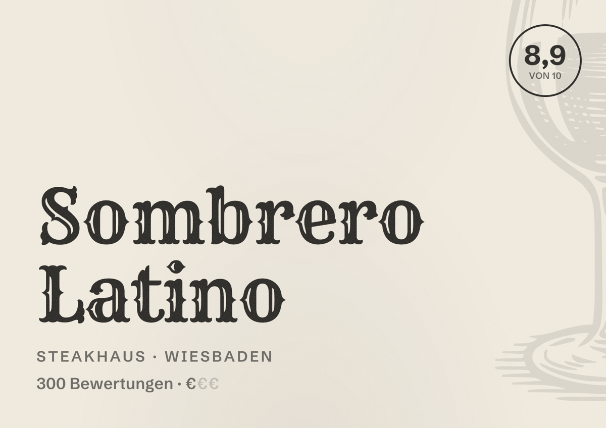 Illustriertes Poster von Sombrero Latino, Steakhaus in Wiesbaden: Bewertung 8,9 von 10 aus 300 Bewertungen, Preisniveau €