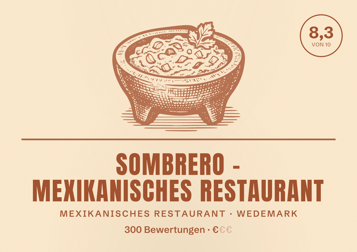 Illustriertes Poster von Sombrero - Mexikanisches Restaurant, Mexikanisches Restaurant in Wedemark: Bewertung 8,3 von 10 aus 300 Bewertungen, Preisniveau €