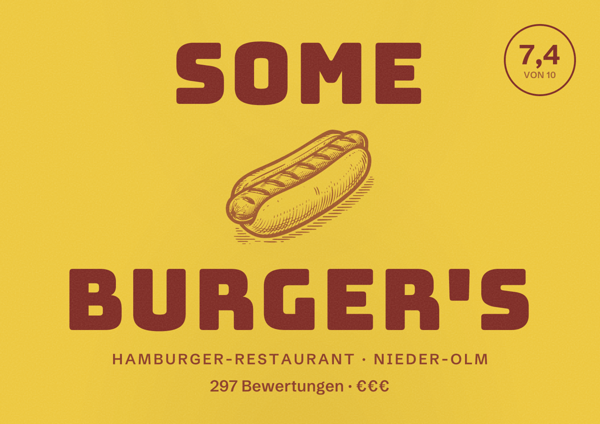 Illustriertes Poster von SoMe Burger's, Hamburger-Restaurant in Nieder-Olm: Bewertung 7,4 von 10 aus 297 Bewertungen, Preisniveau €€€