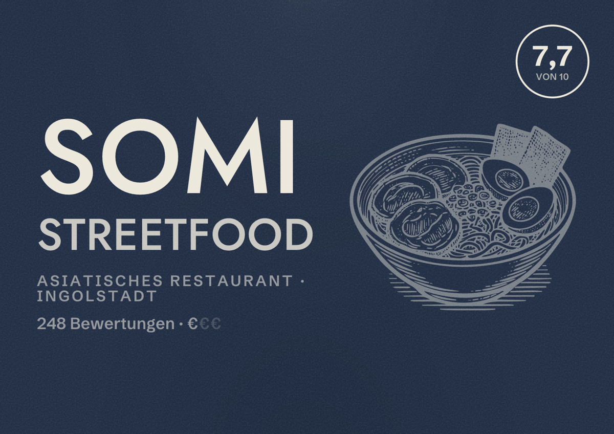 Illustriertes Poster von Somi streetfood, Asiatisches Restaurant in Ingolstadt: Bewertung 7,7 von 10 aus 248 Bewertungen, Preisniveau €