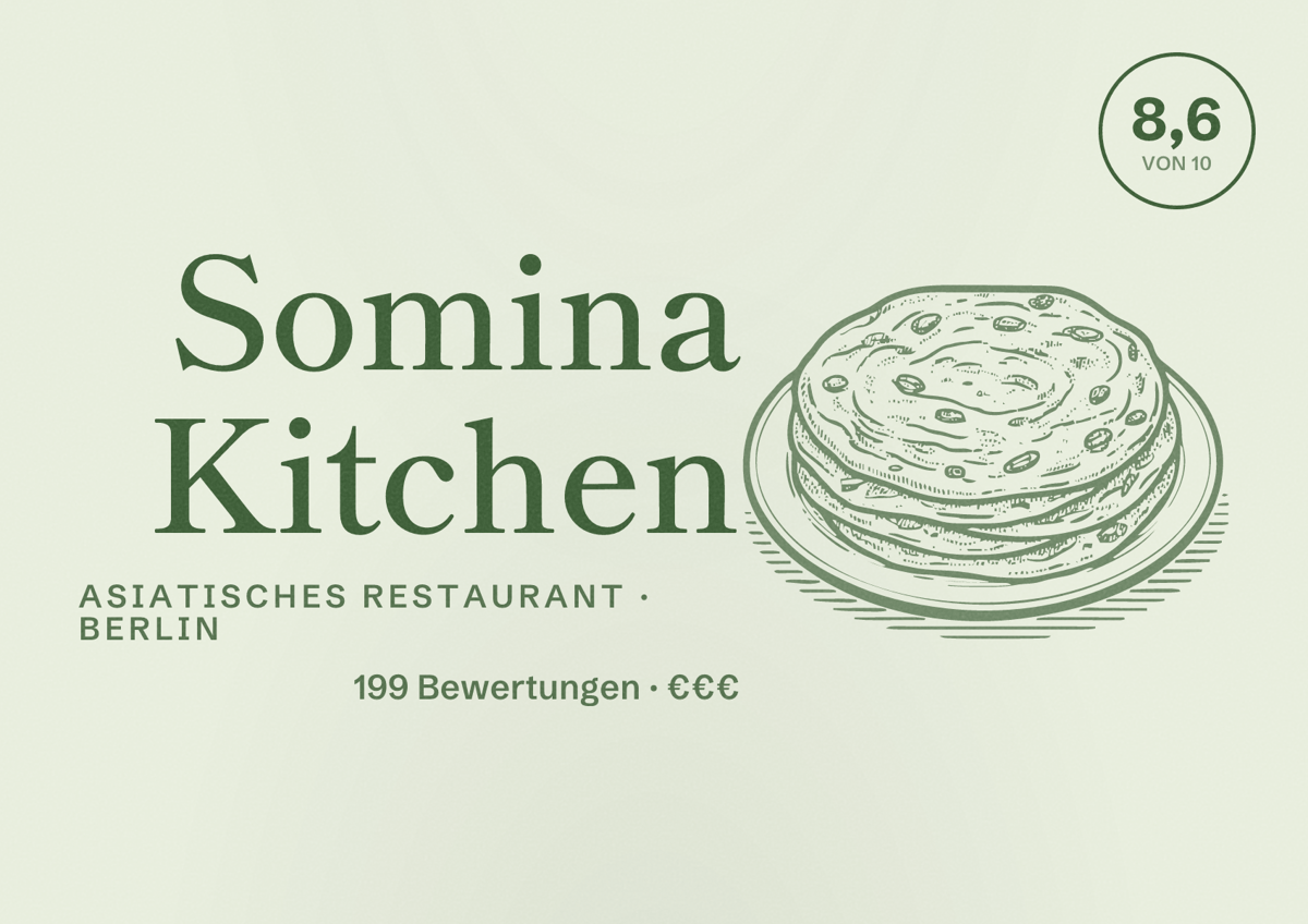 Illustriertes Poster von Somina Kitchen, Asiatisches Restaurant in Berlin: Bewertung 8,6 von 10 aus 199 Bewertungen, Preisniveau €€€